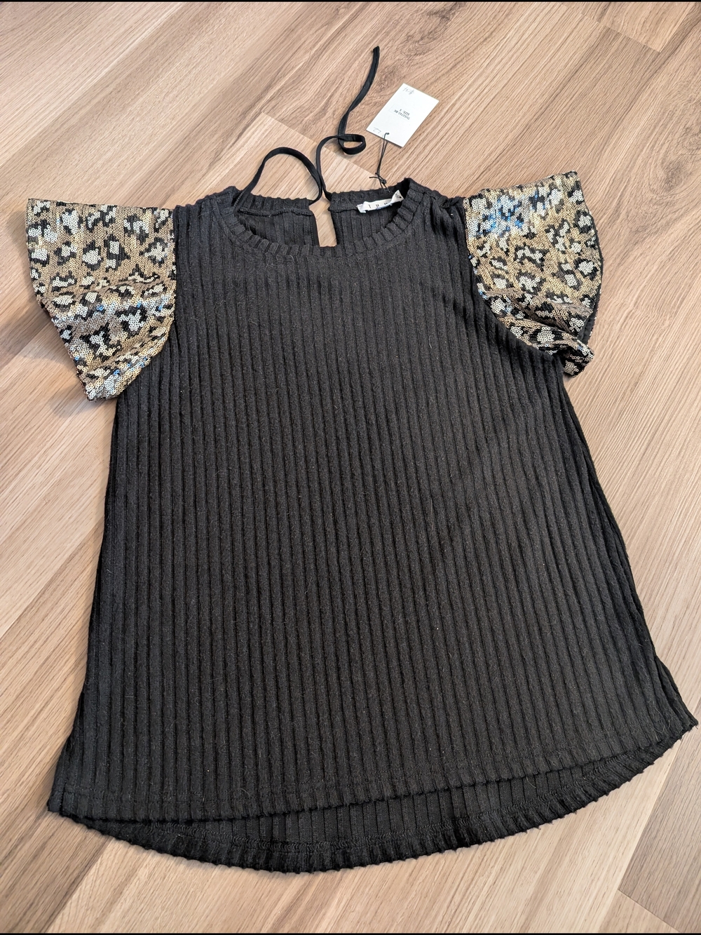 THML Black Ribbed Top with Patterned Puff Sleeves